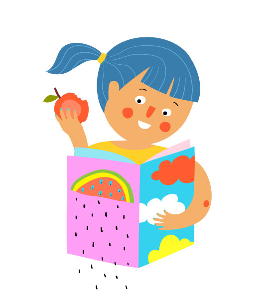拿着苹果和书的小女孩