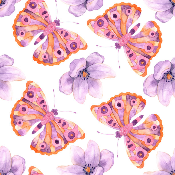 蓝白花卉蝴蝶图案素材