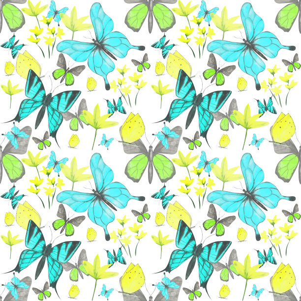 蓝白花卉蝴蝶图案素材