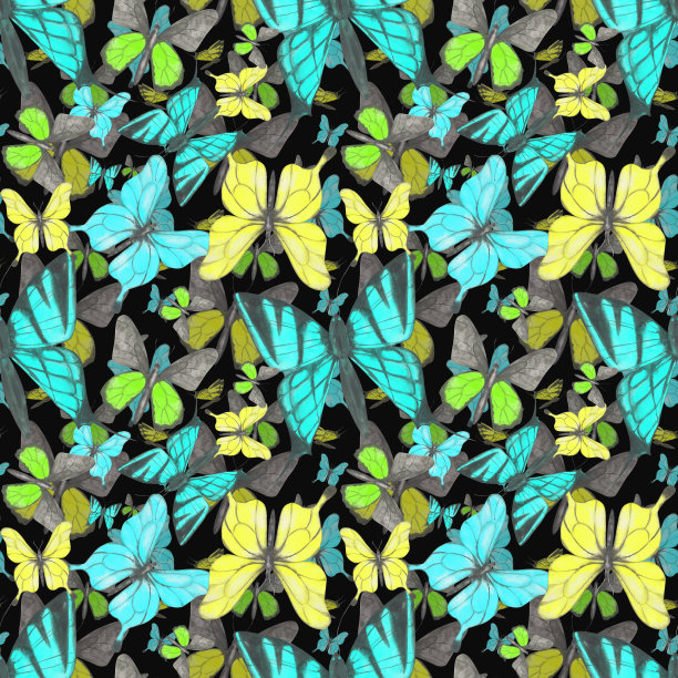 蓝白花卉蝴蝶图案素材