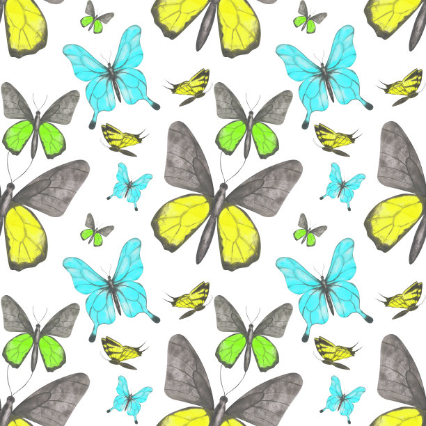 蓝白花卉蝴蝶图案素材