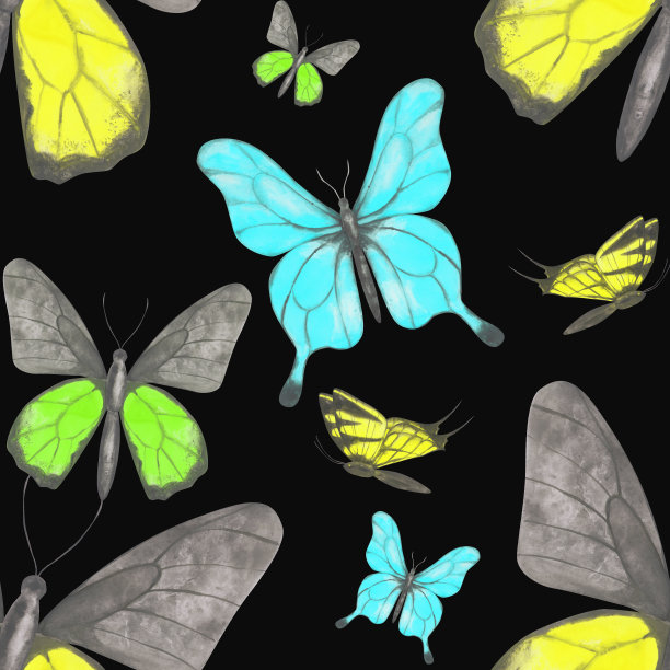 蓝白花卉蝴蝶图案素材