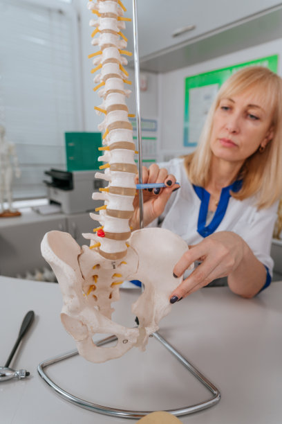 物理治疗师给病人解释脊柱模型