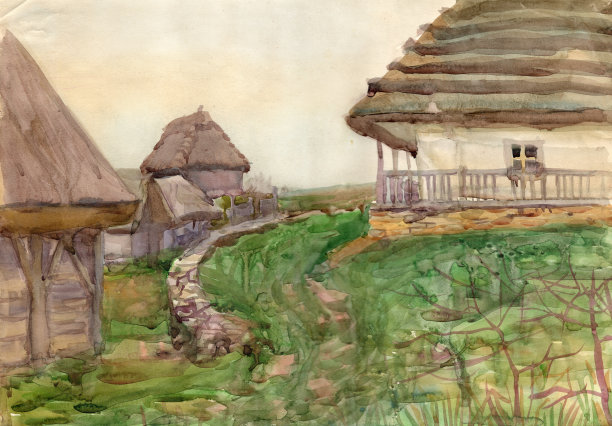 水彩画颜料,小屋,美术绘画