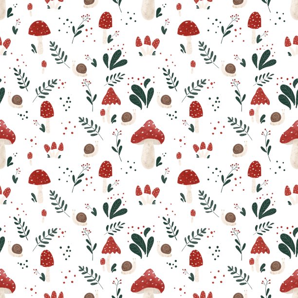 蘑菇四方连续印花图案