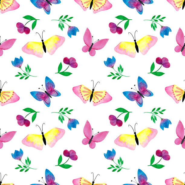 蓝白花卉蝴蝶图案素材