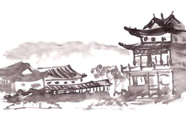 中国风水彩建筑插画