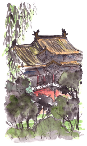中国风水彩建筑插画