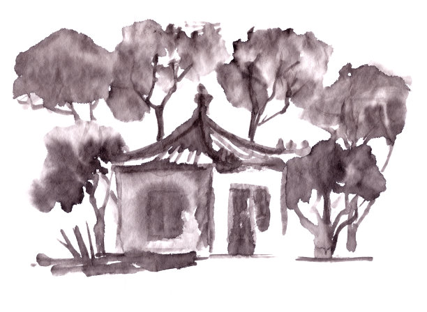 中国风水彩建筑插画