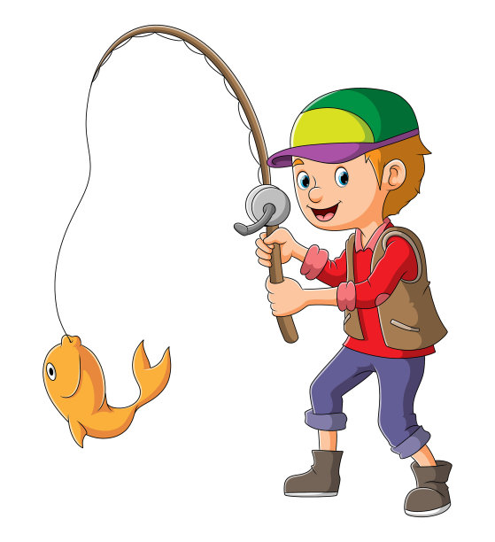 小男孩钓鱼卡通儿童元素