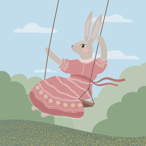 卡通可爱兔子在荡秋千