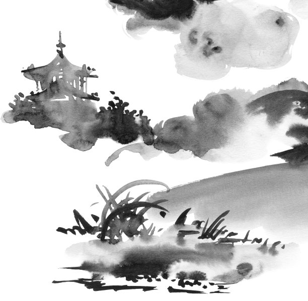 中国风水彩建筑插画