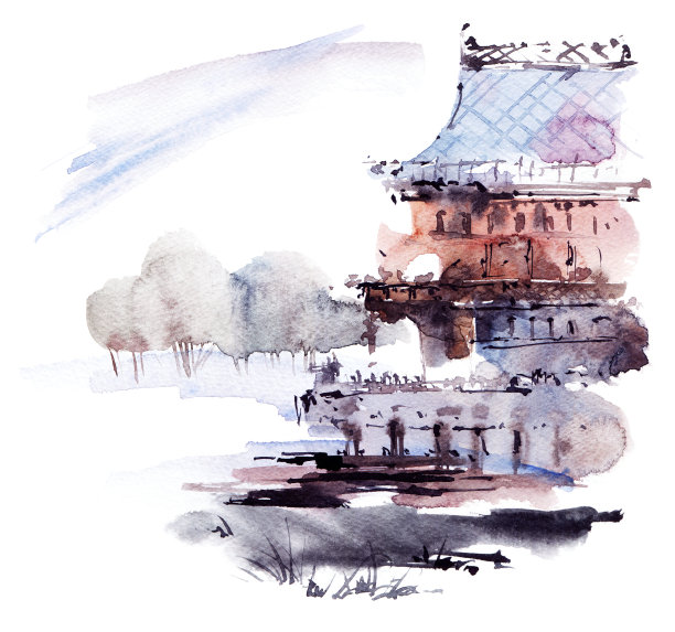 中国风水彩建筑插画