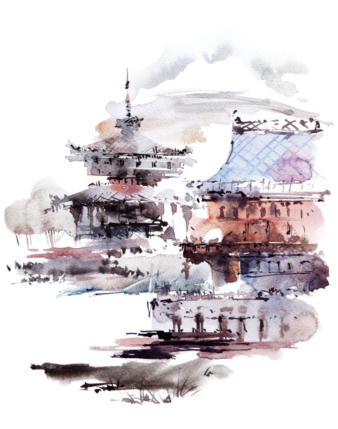 中国风水彩建筑插画