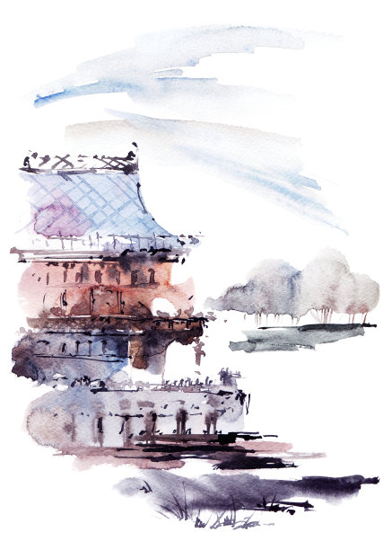 中国风水彩建筑插画