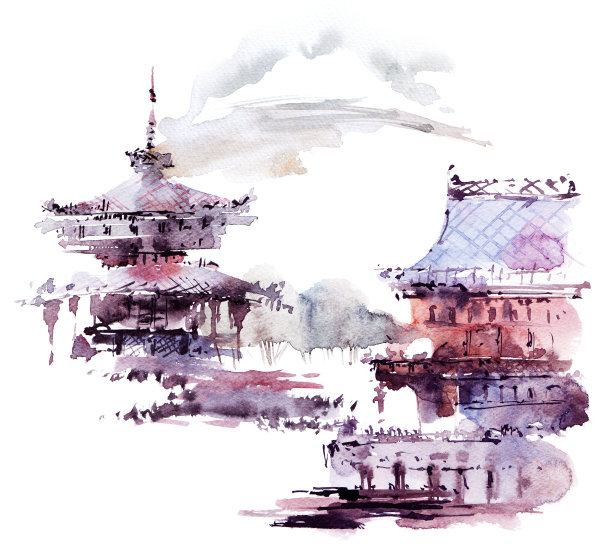 中国风水彩建筑插画