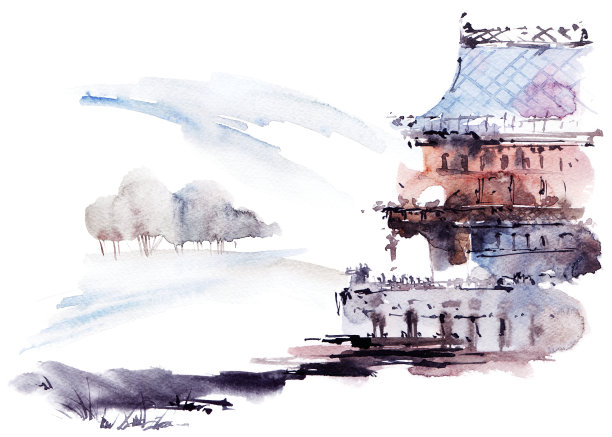 中国风水彩建筑插画