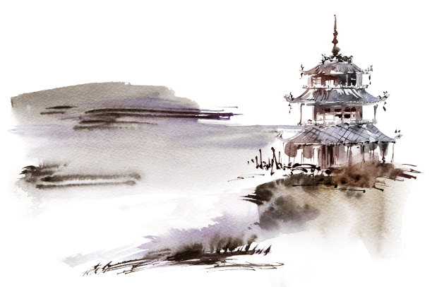 中国风水彩建筑插画