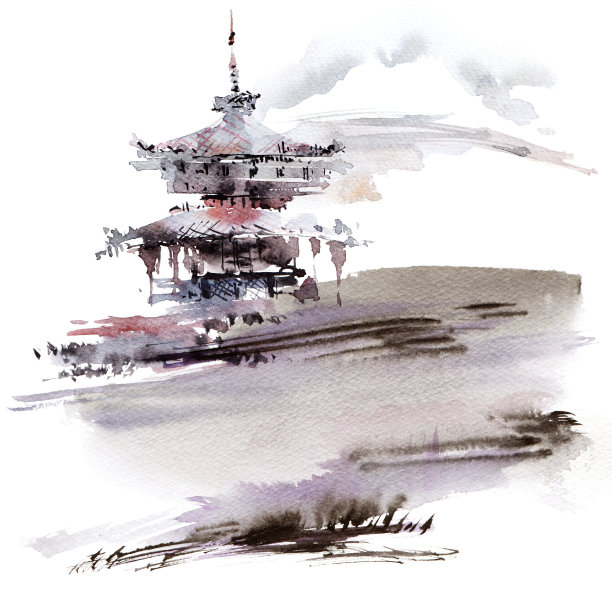 中国风水彩建筑插画