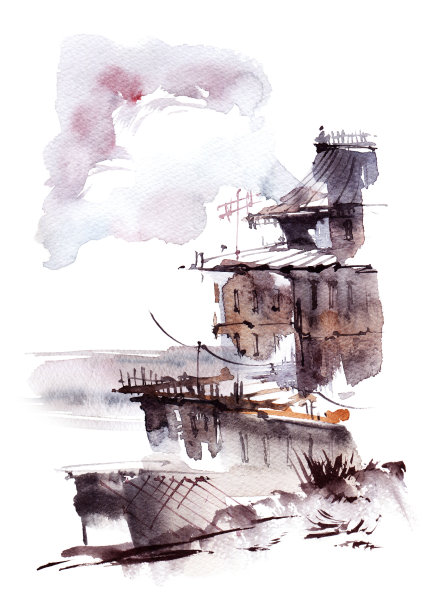 中国风水彩建筑插画