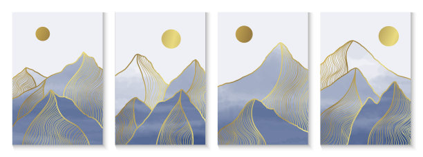 矢量中式山水线条插画