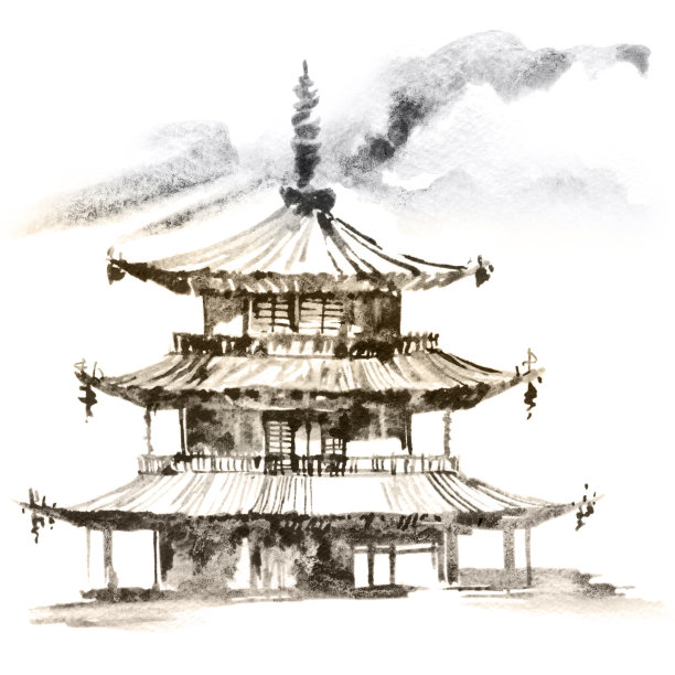 中国风水彩建筑插画