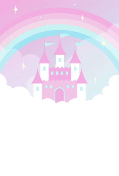 卡通城堡彩虹独角兽云朵星空背景