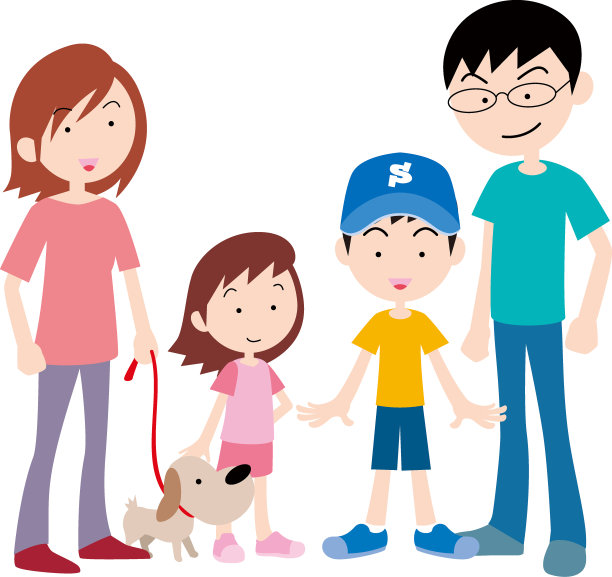 两个孩子的家庭,全身像,宠物装备