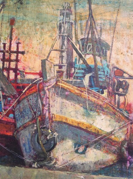 海上渔船油画