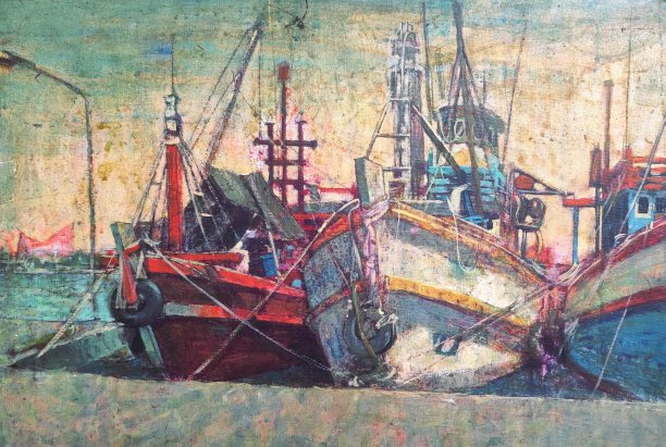 渔船油画