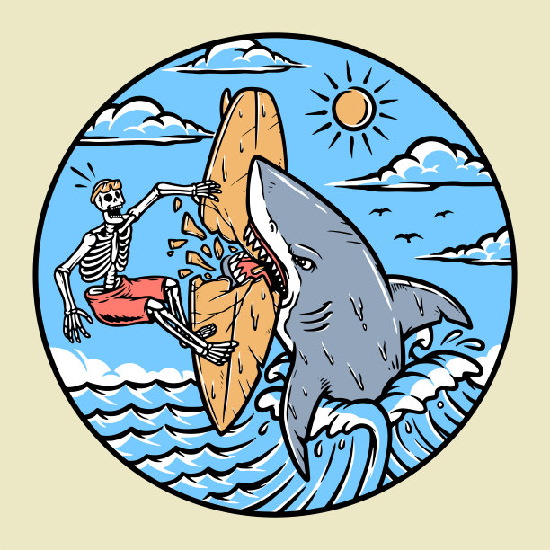 卡通冲浪鲨鱼矢量图