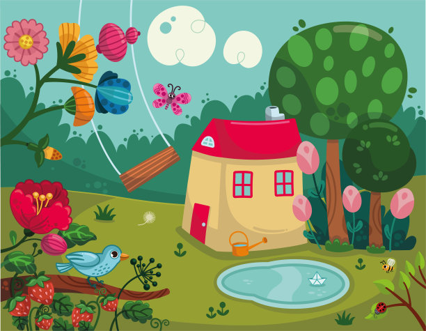 户外蓝天白云草地树林图片