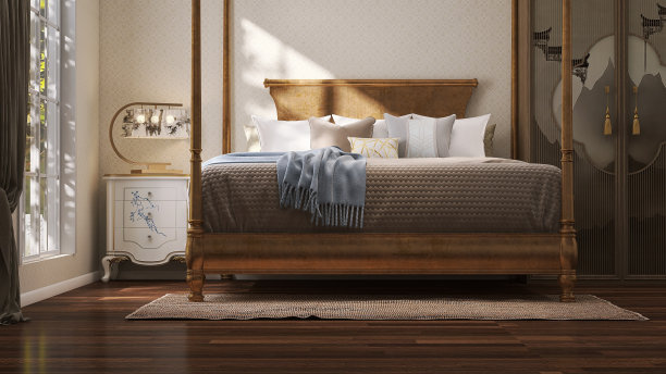 实木床 床头柜 新中式