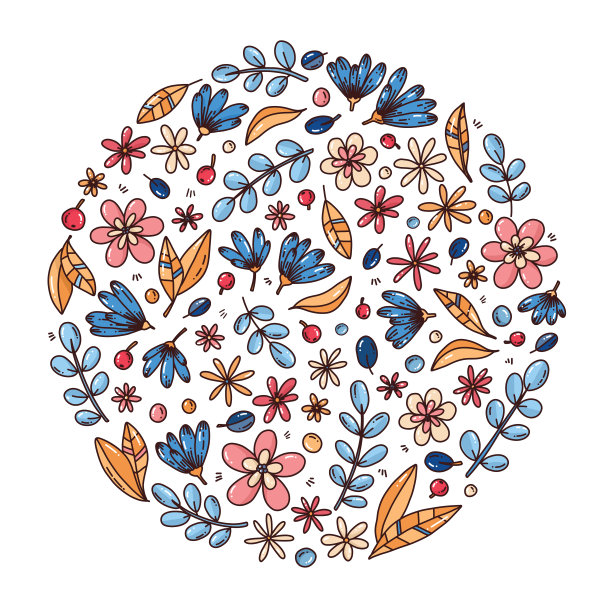 花卉环绕的圆形装饰矢量图案