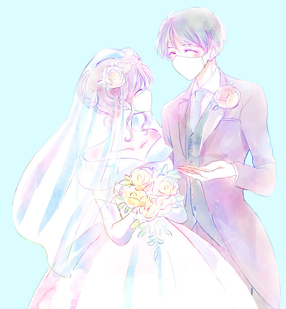 戴口罩的新郎新娘