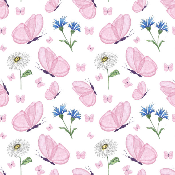 蓝白花卉蝴蝶图案素材