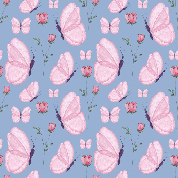 蓝白花卉蝴蝶图案素材