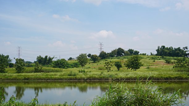 蓝天森林湖景