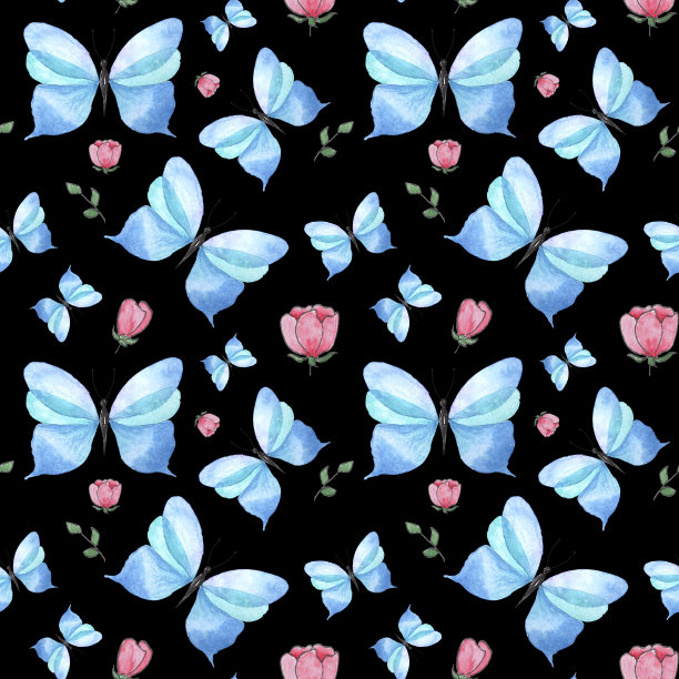 蓝白花卉蝴蝶图案素材