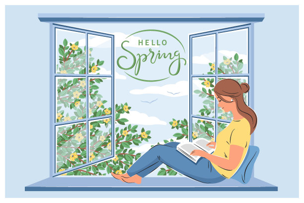 春天人物窗户边读书立春插画