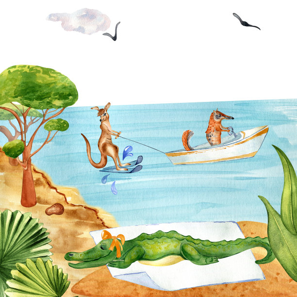 卡通沙滩鳄鱼背景画