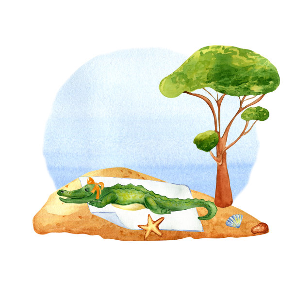 卡通沙滩鳄鱼背景画