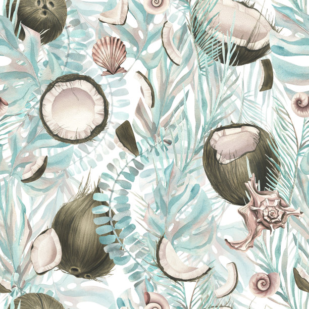 清新蓝绿棕榈叶图案背景