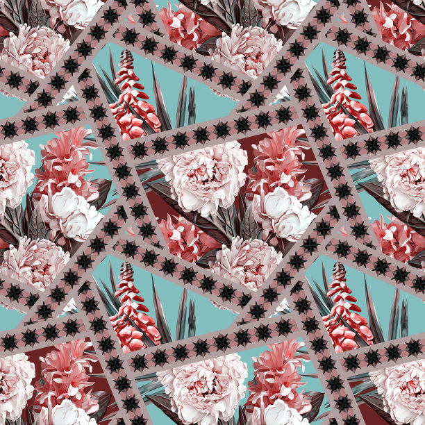 蓝白几何花朵无缝图案