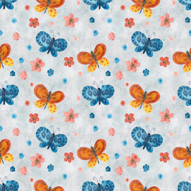 蓝白花卉蝴蝶图案素材