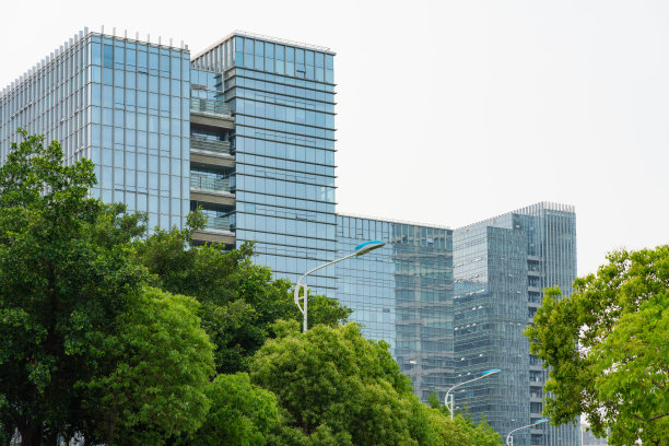 现代玻璃幕墙高楼与绿树