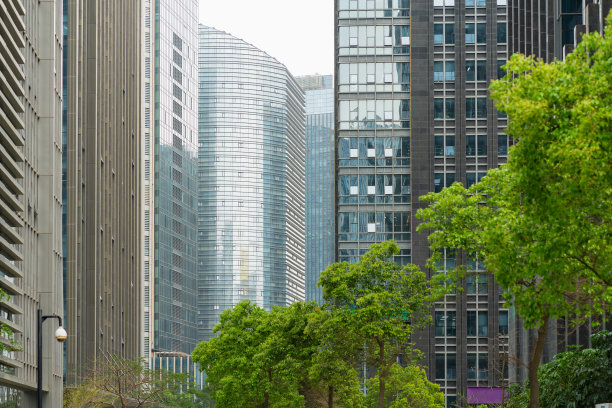 现代玻璃幕墙高楼与绿树