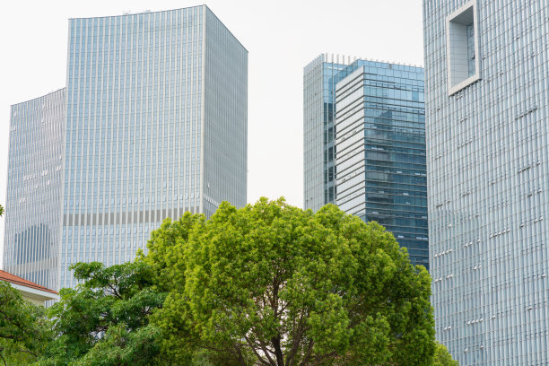 现代玻璃幕墙高楼与绿树