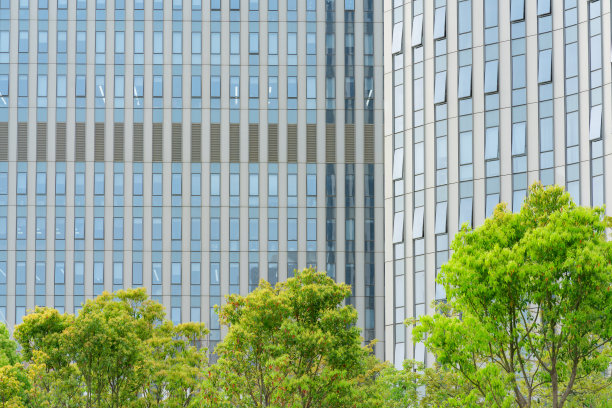 现代玻璃幕墙高楼与绿树