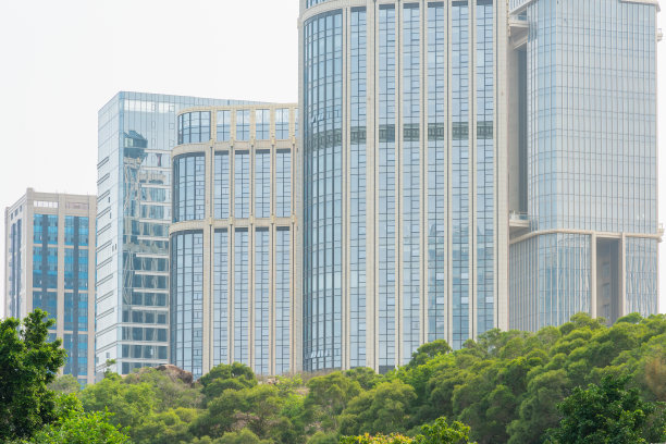 现代玻璃幕墙高楼与绿树